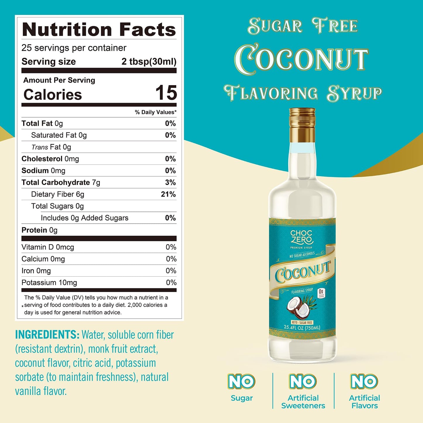 ChocZero Coconut Syrup – Sugar Free Flavoring Syrup for Coffee, Tea & Baking – Keto Friendly, Low Carb, No Sugar Alcohols, Vegan & Gluten Free