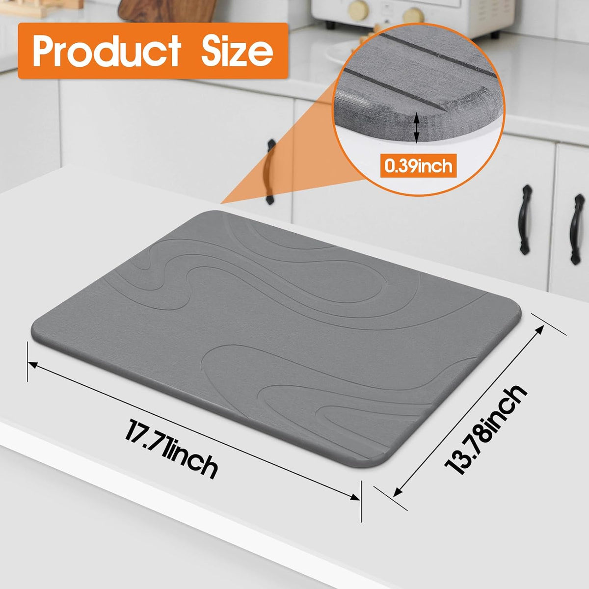 Snuggery Stone Drying Mat for Kitchen Counter 18"x14" (Dark Grey) | Natural diatomaceous earth, fast absorption, quick drying, one-piece design for dishes or under dish racks, non-slip base
