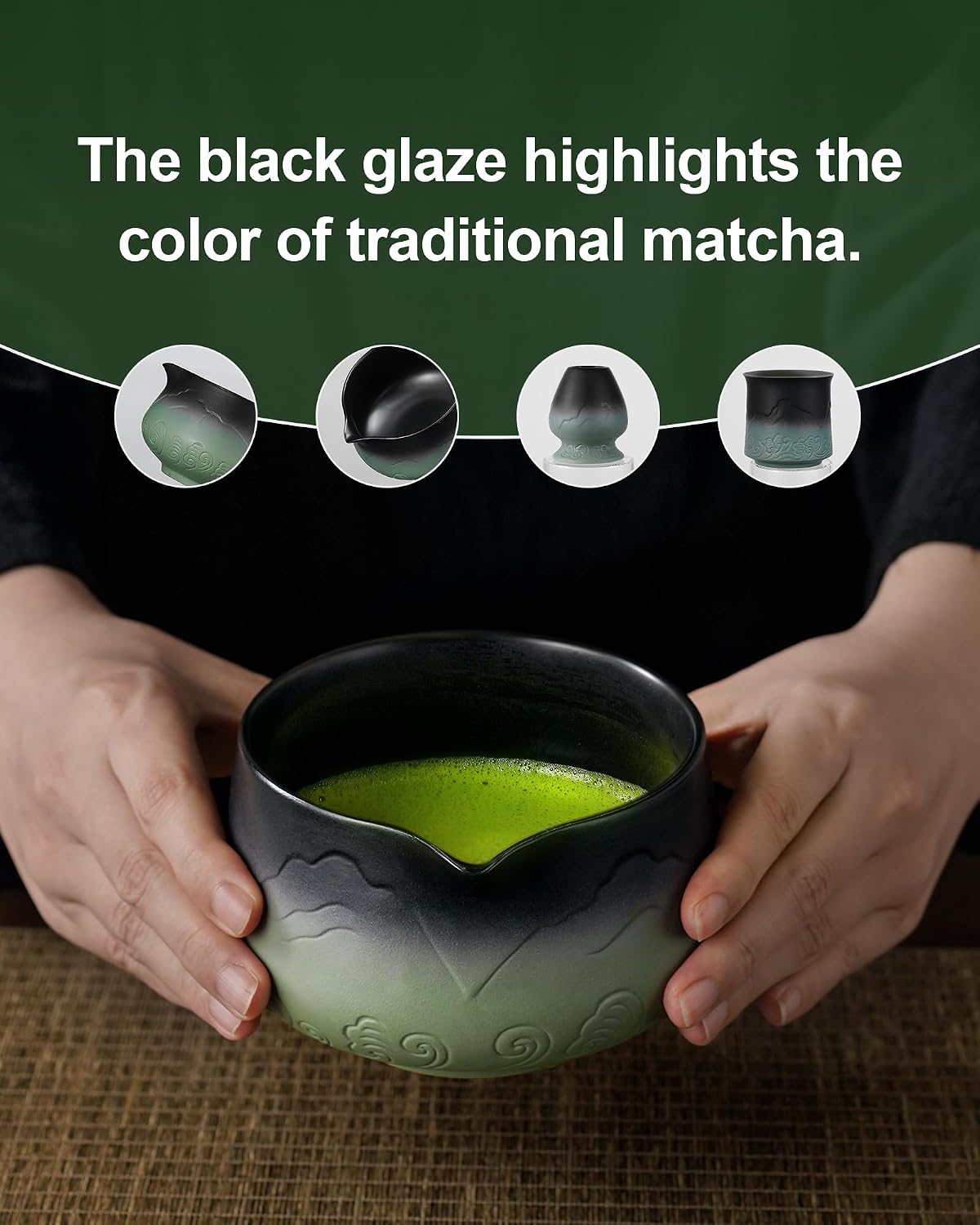 ZENS Premium Matcha Whisk Set with Blooming Cup, 7pcs Matcha Set, Green