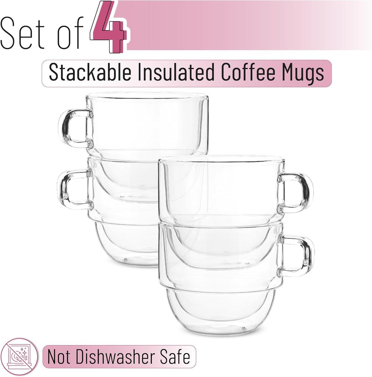 BTaT- Stackable Insulated Coffee Mugs, 4 Pack 16 oz(500 ml), Ideal for Hot and Cold Drinks, Stackable Cappuccino Cups, Double Wall Glass Coffee Cups, Tea Cups, Latte Cups, Beer Glasses, Latte Mug