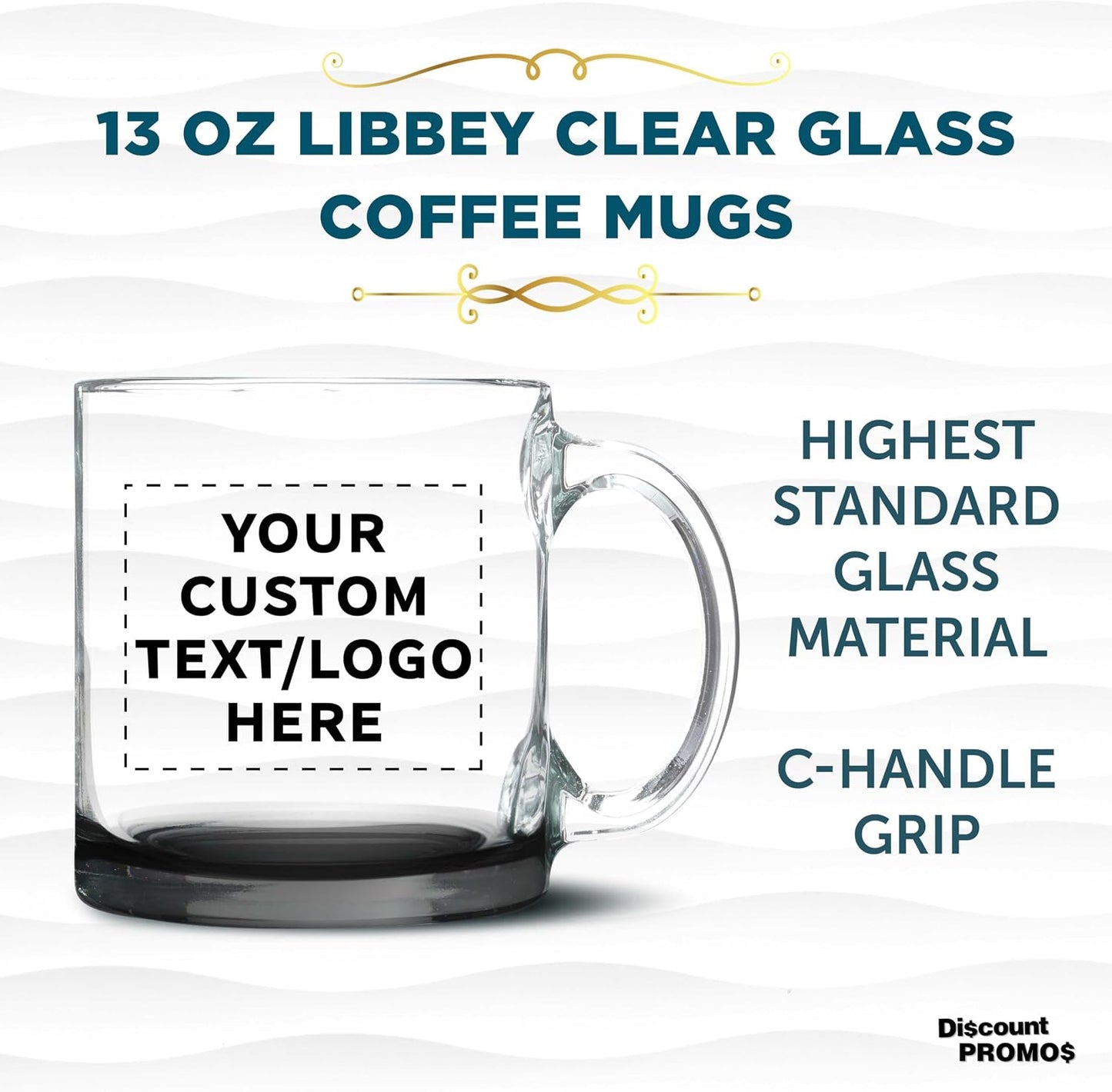 DISCOUNT PROMOS Custom Clear Glass Coffee Mugs 13 oz. Set of 10/50/100, Personalized Bulk Pack - Perfect for Coffee, Tea, Espresso, Hot Cocoa, Other Beverages - Black Bottom