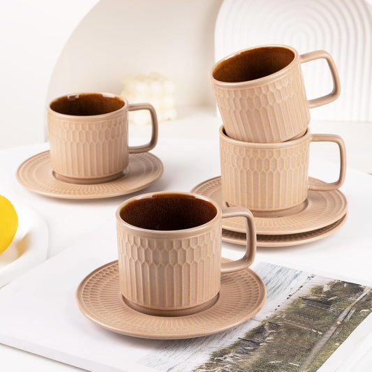 8oz Cappuccino Cups with Saucers Set of 4, 8 Ounce Stackable Embossed Ceramic Coffee Mugs for Specialty Coffee Drinks, Latte Mugs, Cafe Mocha and Tea, Dishwasher &amp; Microwave Safe (Brown)