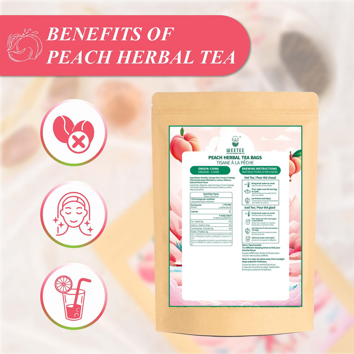 WT WEETEE Peach Herbal Tea Bags 100 Count, Bright, Juicy &amp; Fruity Infusion | Caffeine-Free Blend with Real Rose Hip, Orange Peel, Chamomile &amp; Natural Peach Flavor, Daily Wellness Tea for Hot or Iced