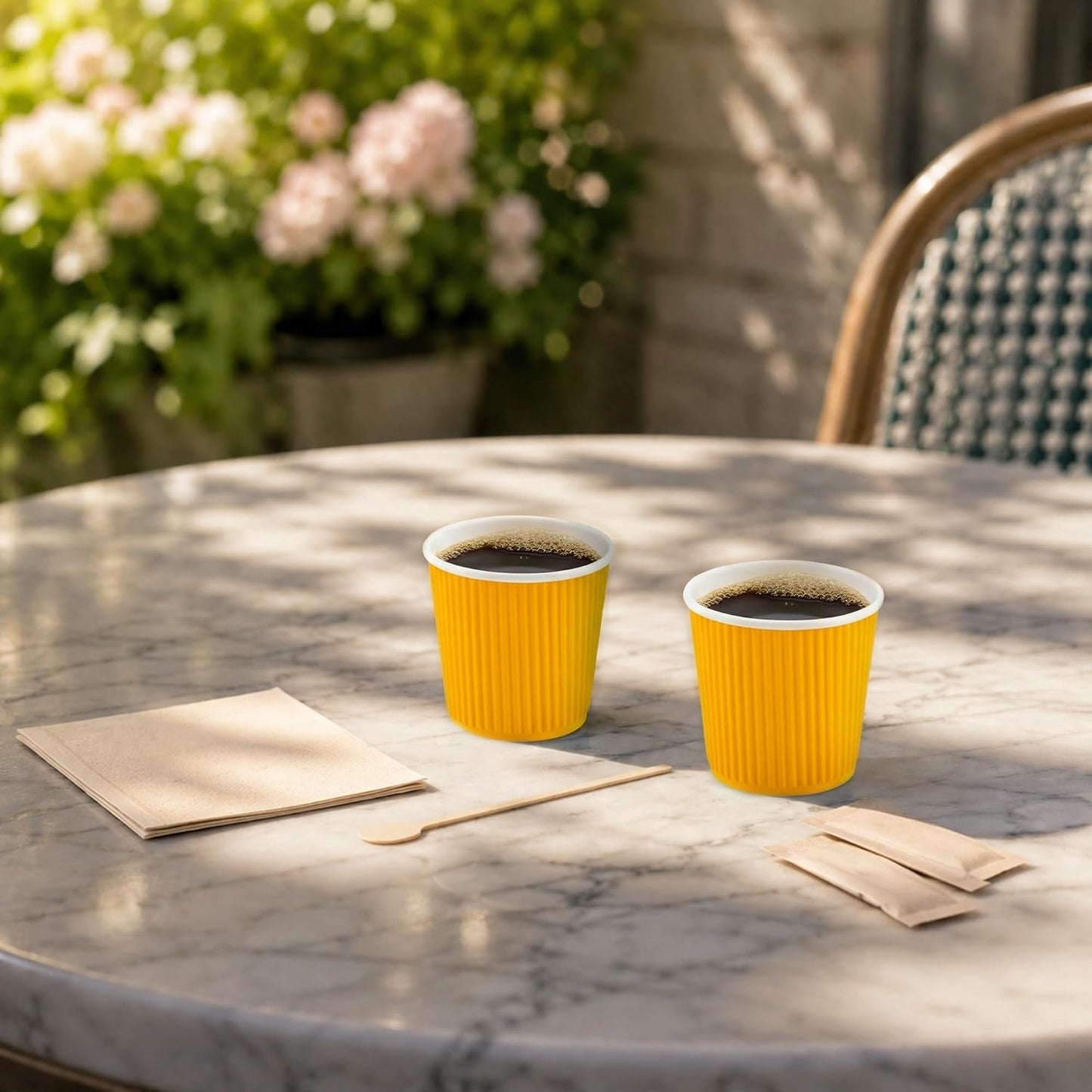 Restaurantware Ripple Wall Coffee Cups 25 Count 4 Ounce Insulated Yellow Paper Cups, Rolled Rim Spill-Resistant Disposable Paper Non-Slip for Coffee, Beverages