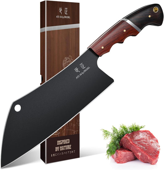 Meat Cleaver Knife 8inch - Black Butcher Knife for Meat Cutting, Japanese High Carbon Steel Vegetable Cleaver for Chopping,