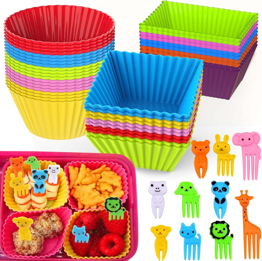 XANGNIER 60 Pcs Silicone Lunch Box Dividers with Animal Food Picks,Reusable Lunch Bento Box Accessories for Kids,Lunchbox