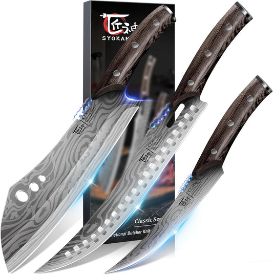 Butcher Knife Set, 3 PCS Kitchen Knife for Meat Cutting, Cleaver, Breaking & Boning Knife, Japanese Style High Carbon Steel