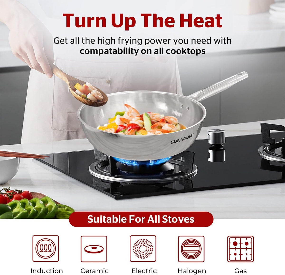 Sunhouse 18/10 10 Inch Stainless Steel Frying Pan, Whole-Clad No Coatings Skillet with Stay-cool Handle for Cooking, Durable & Oven Safe to 500°F, Dishwasher Safe, Compatible with All Cooktops