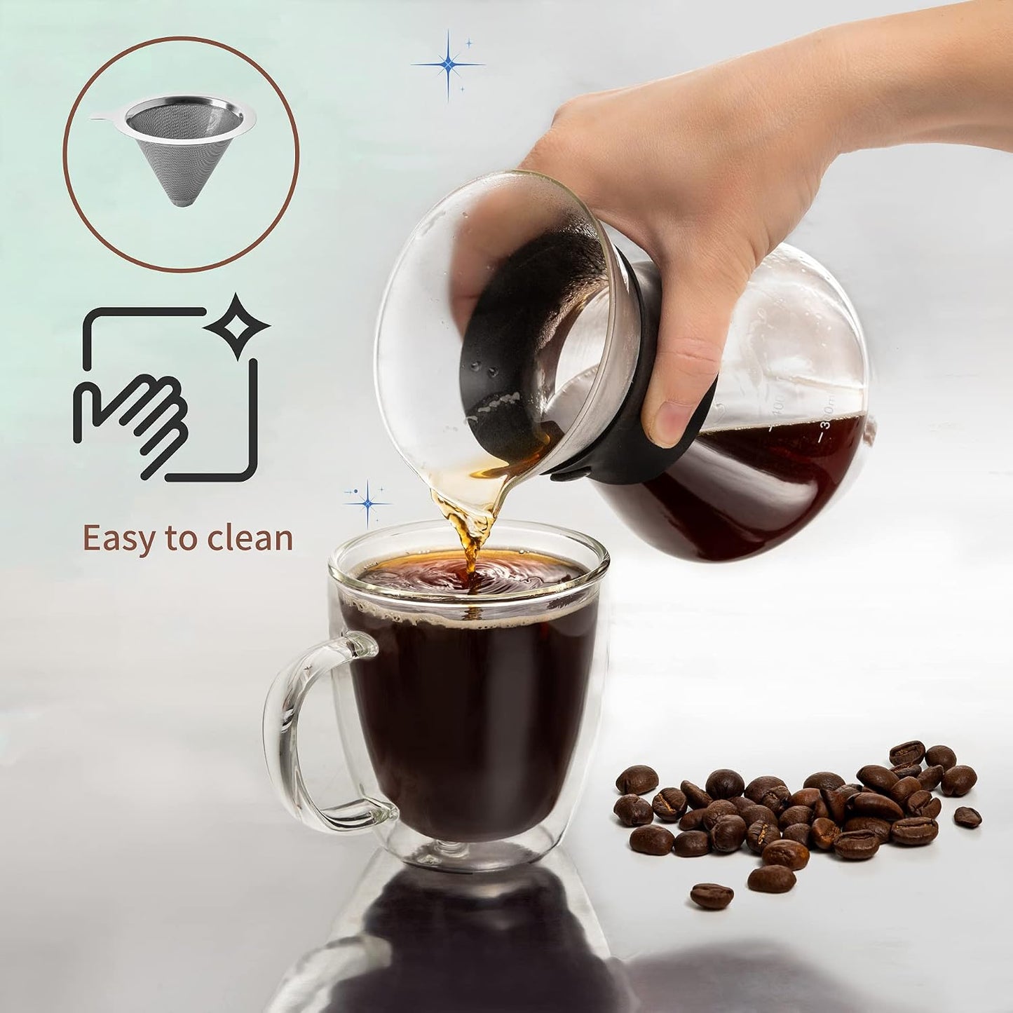 Mixpresso Pour Over Coffee Maker, Glass Carafe with Coffee Dripper, 13.5 Oz | Reusable Stainless Steel Filter with Protective Silicone Sleeve for Manual Pour Over Coffee Brewing, Easy to Clean