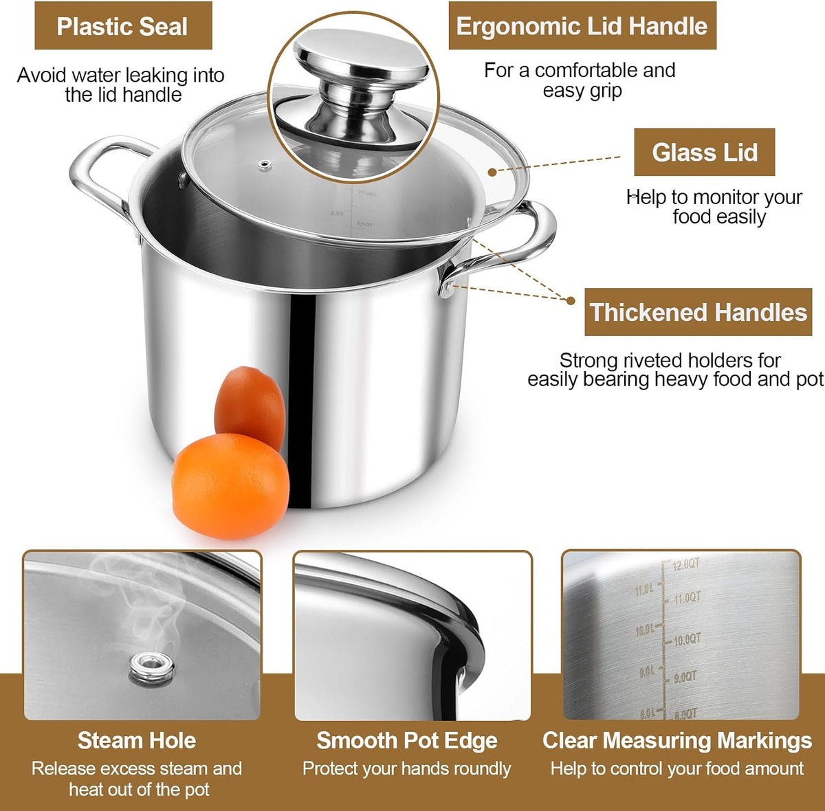 P&P CHEF 12 Quart Tri-Ply Stainless Steel Stockpot, Stock Pot with Visible Lid for Soup Pasta Vegetable, Induction Cooking Pot for All Stoves, Sturdy & Double Handle, Dishwasher Safe