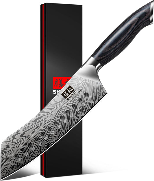 SHAN ZU 7 inch Chef Knife in Powder Steel, Ultra Sharp Japanese Santoku Knife, High Carbon Professional Kitchen Knives with