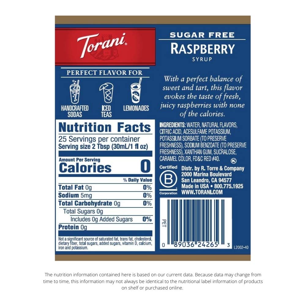 Torani Sugar Free Raspberry Flavored Drink Syrup, 25.4 fl oz, 4 Pack