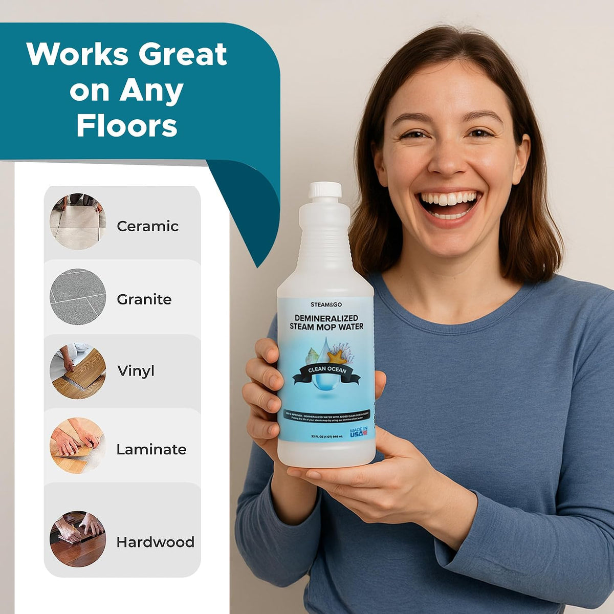 Steam &amp; Go Demineralized Water for Steam Mop – Clean Ocean Scent, 32 oz (Pack of 6) | Scented Floor Cleaner Solution, Ready-to-Use, Compatible with Any Steam Cleaner