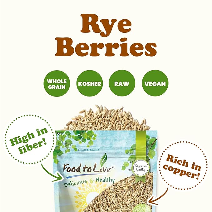 Food to Live Rye Berries, 1 Pound – Whole Grain Powerhouse for Bread, Sourdough, Porridge, and Granola. Rich in Fiber and Nutrients. Raw, Unprocessed, Vegan, Kosher, Seeds in Bulk