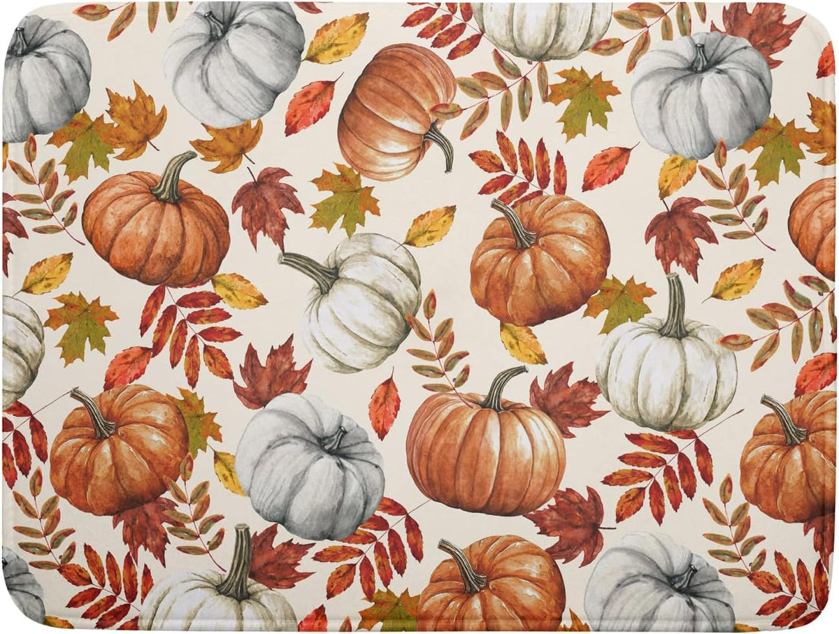 Fall Dish Drying Mat for Kitchen Counter 18x24 Inch Fall Pumpkin Kitchen Mat Thanksgiving Harvest Drying Mats Absorbent Reversible Dish Pad Autumn Maple Leaves Draining Mat for Countertop Protector