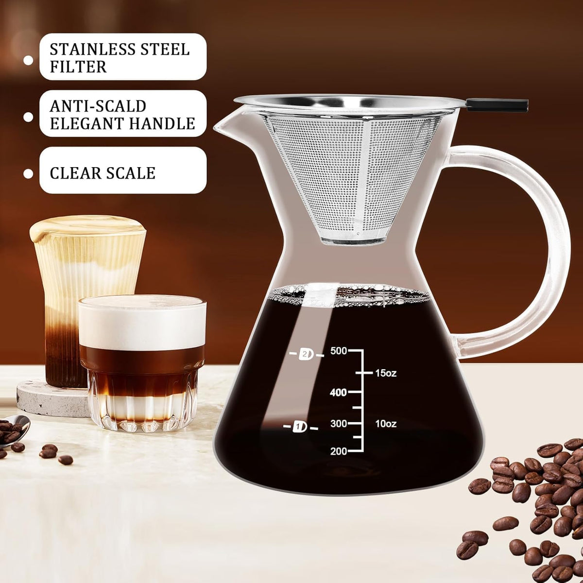 17oz/500ML Glass Pour Over Coffee Maker &amp; Stainless Filter | Double Stainless,Thickened Heat-Resistant Borosilicate Glass,Plastic Free Pour Over Coffee Dripper for Home,Camping