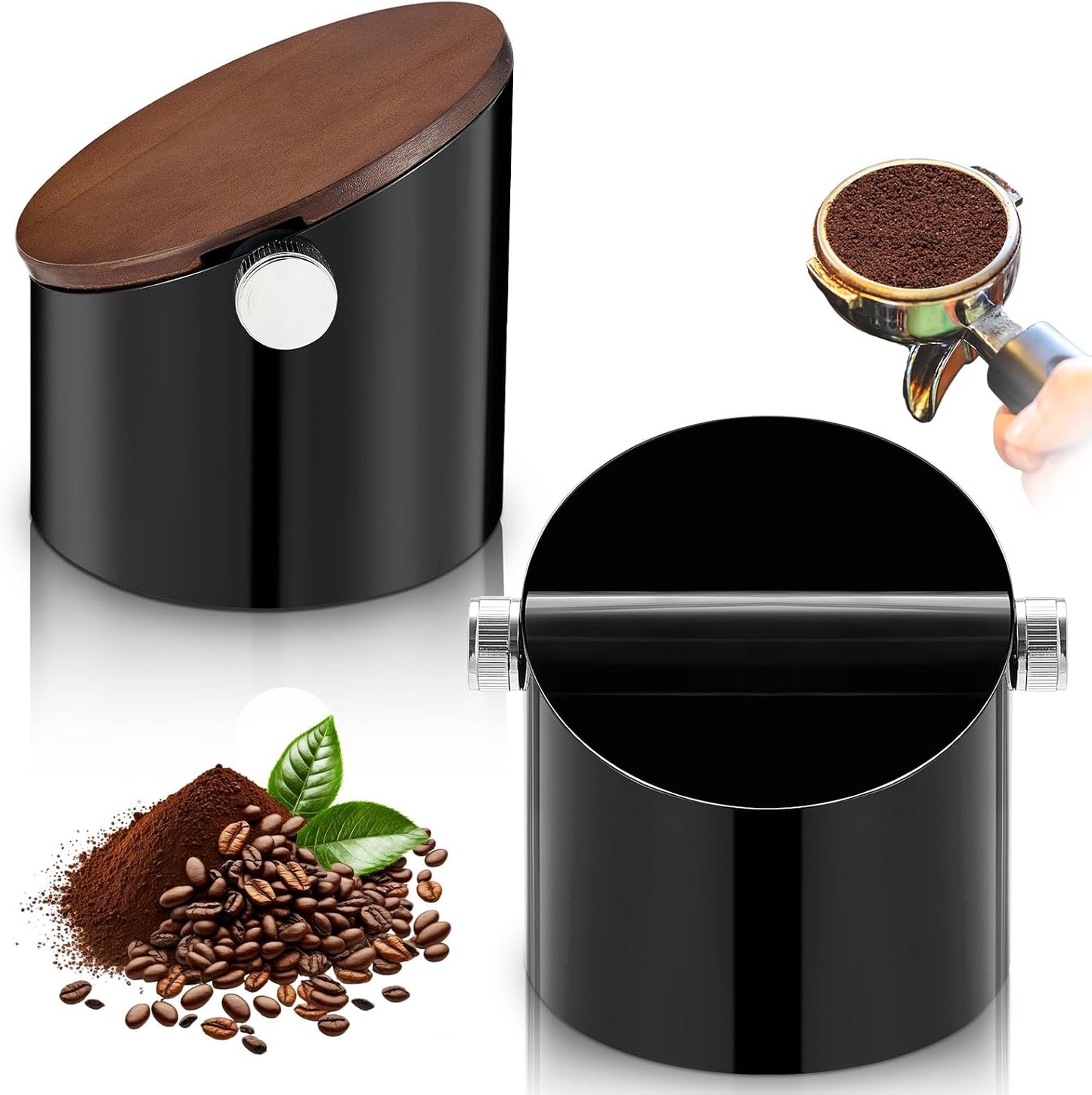 Reallnaive 5.3in Espresso Knock Box with Lid, Black, Round