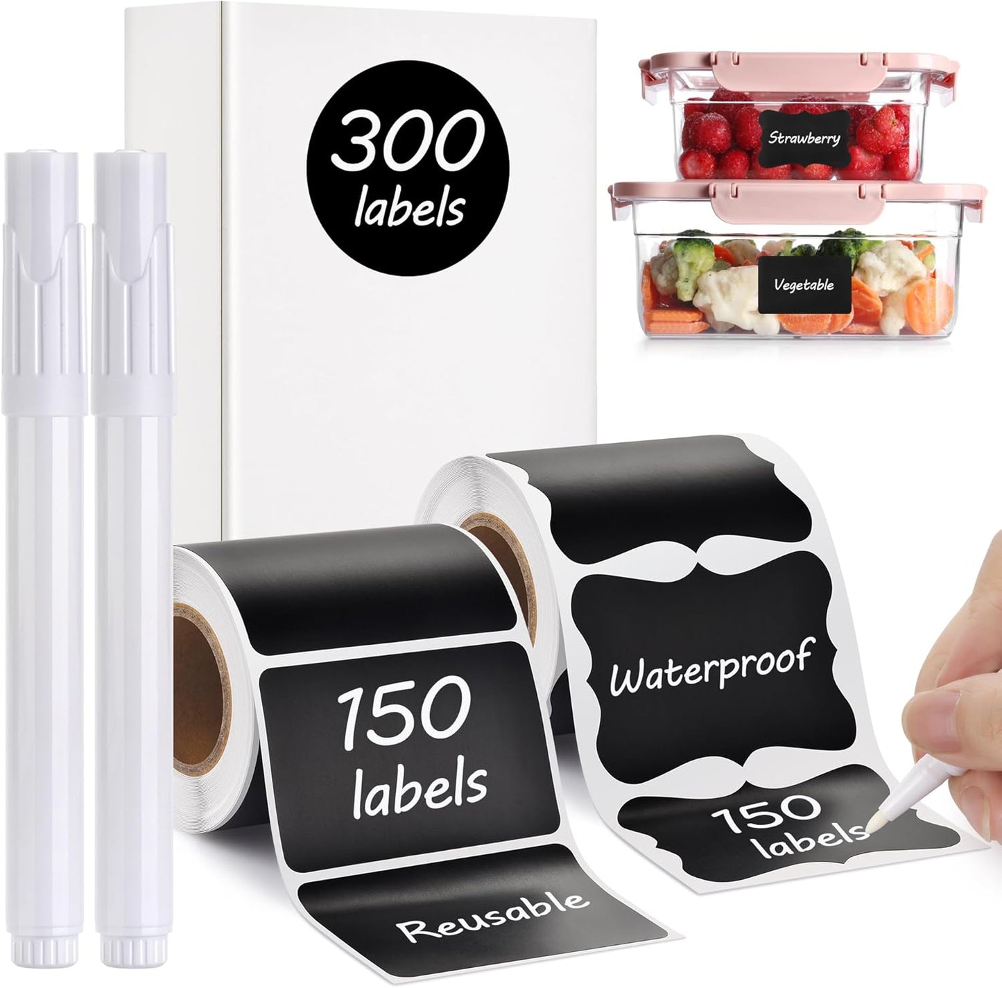 Chalkboard Labels - 300pcs Waterproof Reusable Blackboard Stickers with 2 Free Erasable White Chalk 