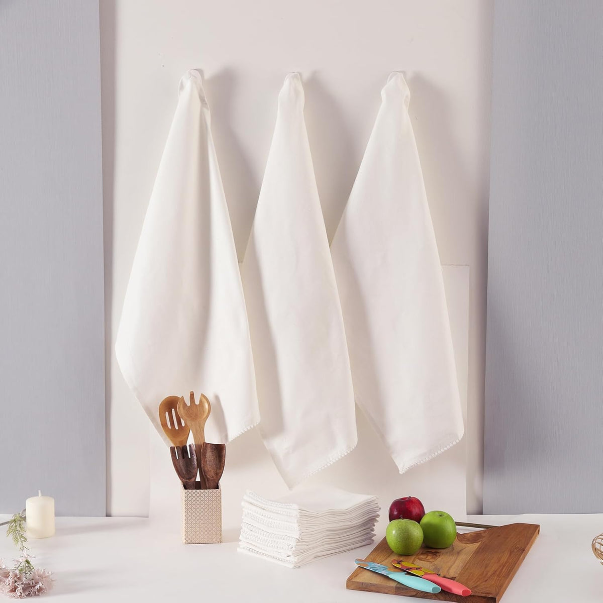 Kitchen Towels 100% Cotton Solid Kitchen Dish Cloths, Valentine Decor Hand Towel Reusuable Dish Towel for Cleaning &amp; Drying Tea Towels Set with Hanging Loop - 18"x 28", Pack of 6 - White