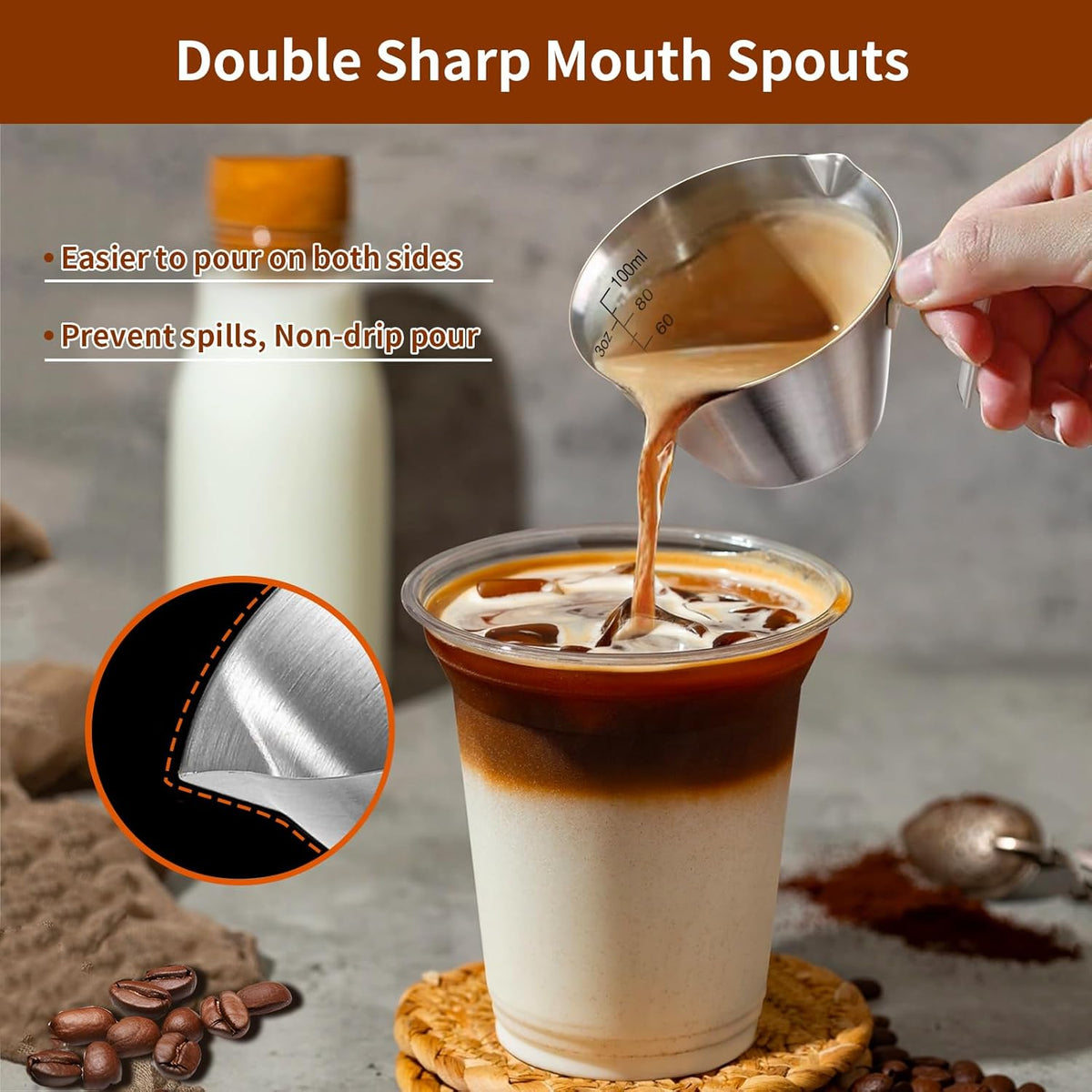 1Pc Stainless Steel Espresso Cups, Double Spout Metal Measuring Cup with Dual Scale, Espresso Shots Cup with Handle, 3.4oz/100ml