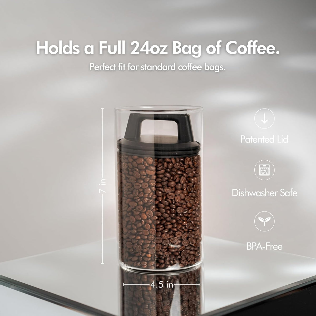 KIVY Vacuum Coffee Canister - Push Lid Preserves Coffee Aroma & Oil - Glass