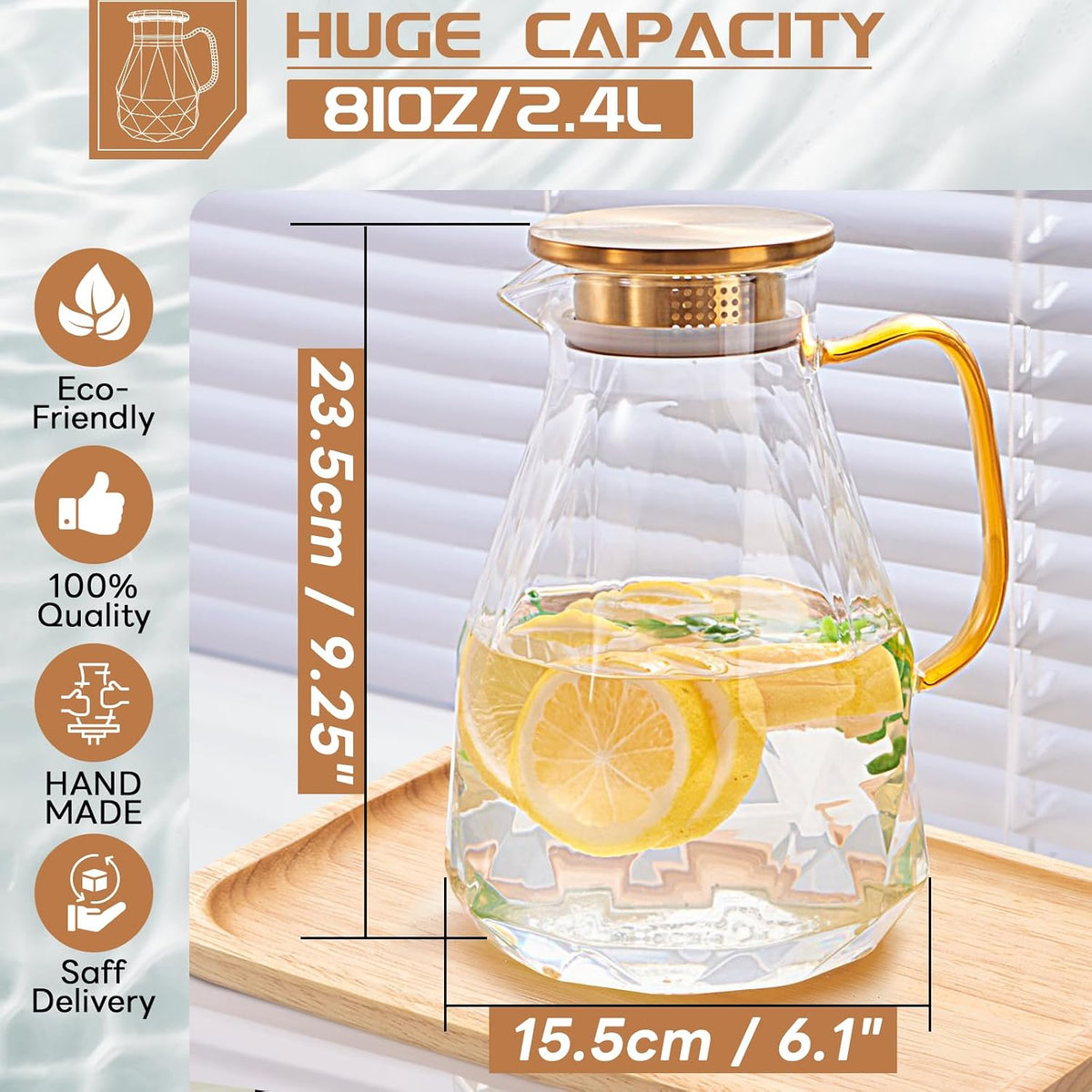 Glass Pitcher, 2.4Liter Water Pitcher With Lid | Iced Tea Pitcher for Fridge, Glass Water Carafe With Lid, Glass Water Jug, Large Drink Pitcher For Juice, Milk, Cold Or Hot