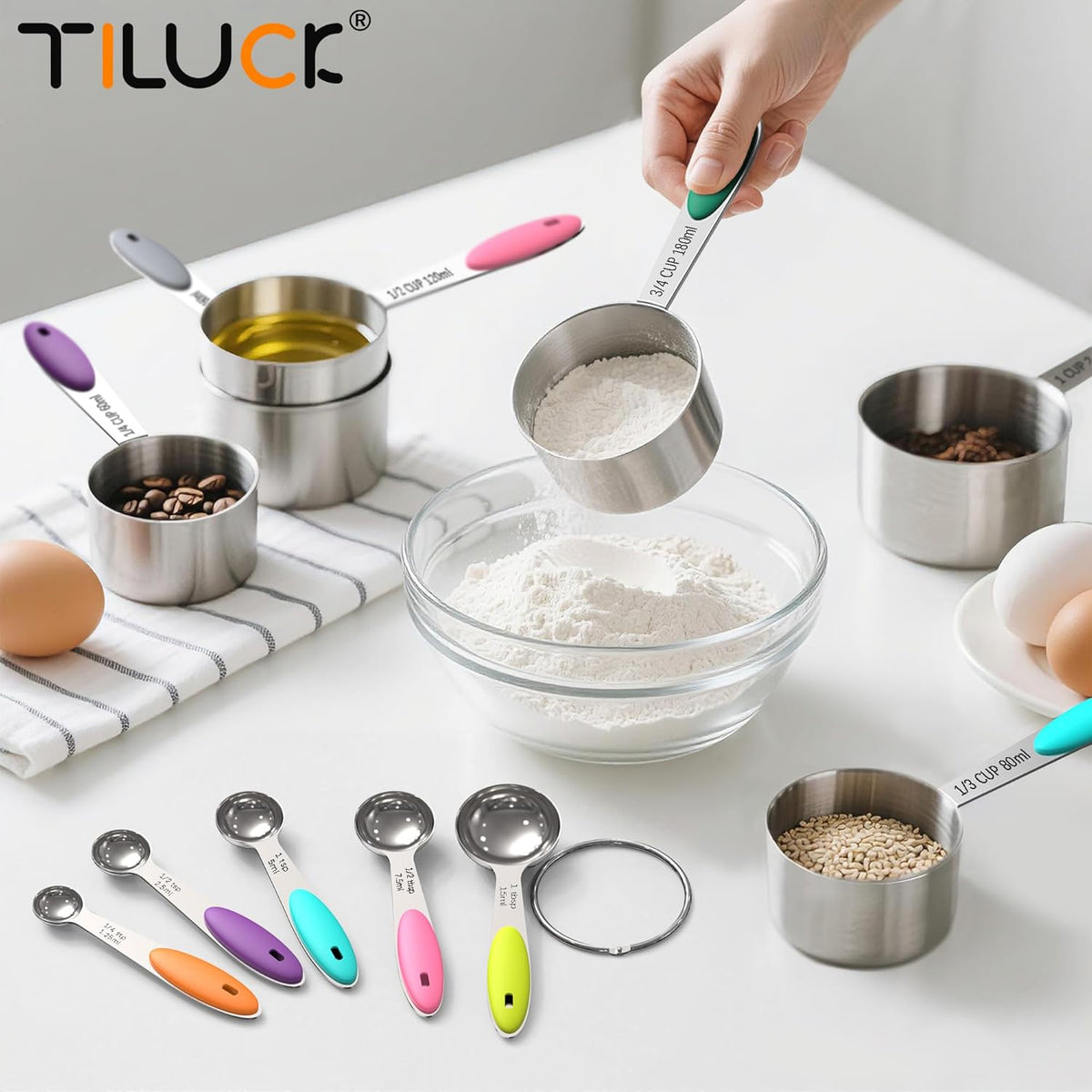 TILUCK Measuring Cups and Spoons Set, Stainless Steel, Kitchen Utensils for Cooking and Baking (12, Colorful)
