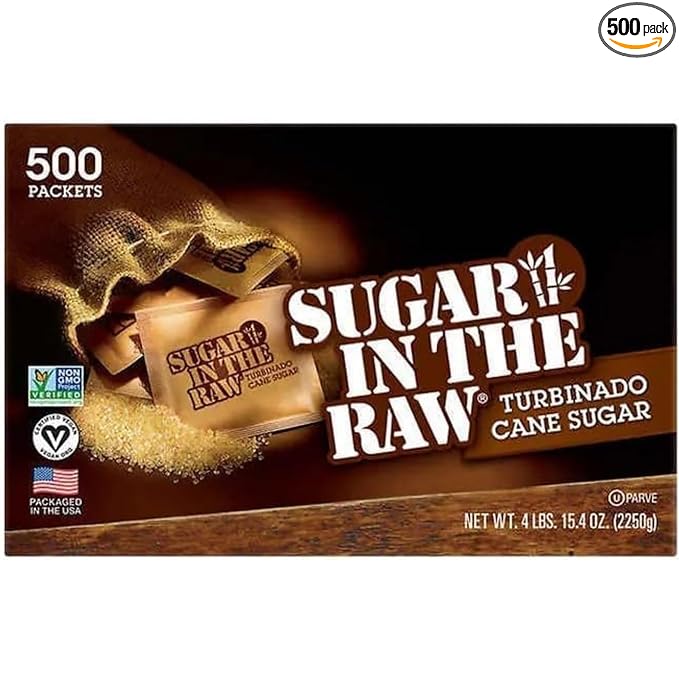 Sugear InThe Raw Packets 500 Count, Brown Sugar, Natural Sweetener for Drinks and Baking, Sugar Packets for Home, Office, Coffee, Bar, Gift,Restaurants, & Coffee Stations Plus Spoon Perfect for Mixing