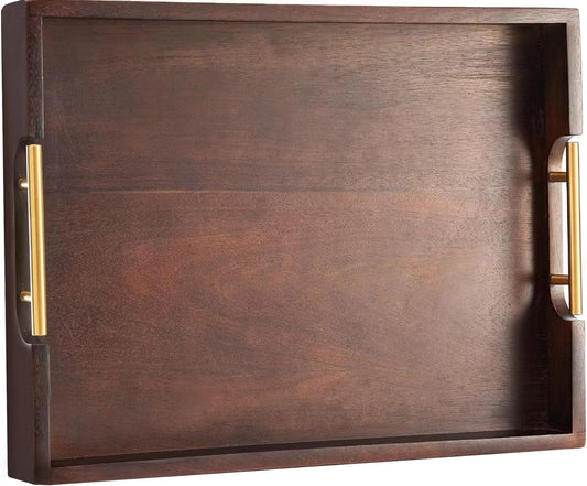 Joy&Grace Acacia Wooden Serving Tray with Metal Handles 16.7 x 12.8 inch Decorative Ottoman Tray for Living Room Coffee