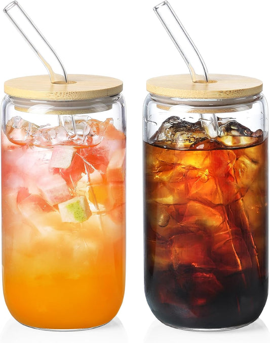 NETANY 2 Pack Glass Cups with Bamboo Lids and Straws 16 oz, Gifts for Women, Drinking glasses set, Iced Coffee, Tea Cup,