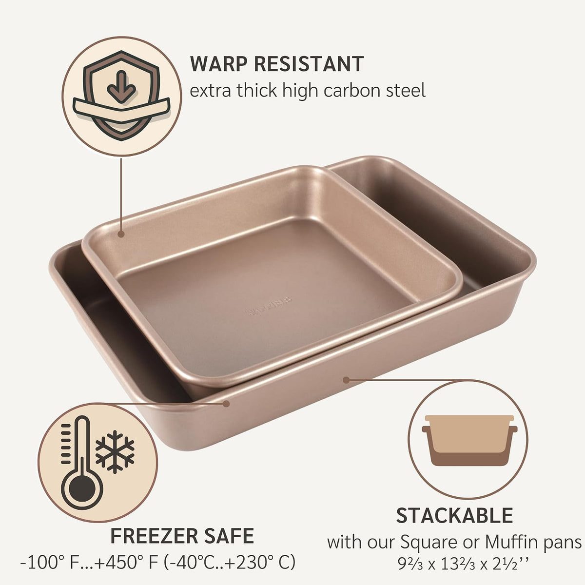 9 x 13 inch Cake Baking Pan Nonstick, PFOA &amp; BPA Free | | Non-Toxic - High Carbon Steel - Gold - Rectangle Pan for Oven Baking