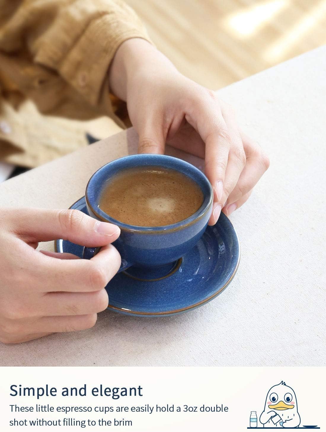 LE TAUCI 6 oz Cappuccino Cups with Saucers, Set of 4 Ceramic Coffee Cup and Saucer Set for Latte, Au Lait, Flat White, Mocha, Tea, Embossed Coffee Cups, Ceylon Blue
