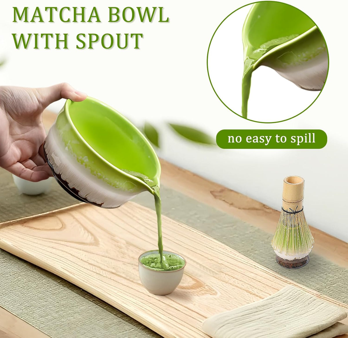 Matcha Whisk Set, 5 PCS Ceramic Matcha Set, Japanese Tea Set Includes Matcha Bowl with Spout, Whisk, Sifter, Holder and Bamboo Spoon, Matcha Kit Gift For Authentic Ceremony (Green)