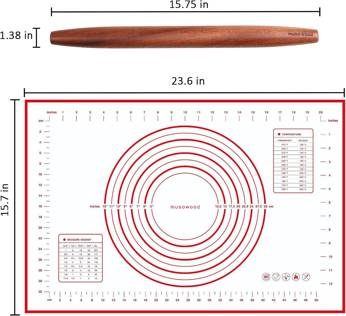 muso wood French Rolling Pin and Silicone Baking Mat Set | Sapele Wooden Rolling Pin 15.75 Inch and Tapered Roller for Fondant, Pie Crust, Cookie, Pastry
