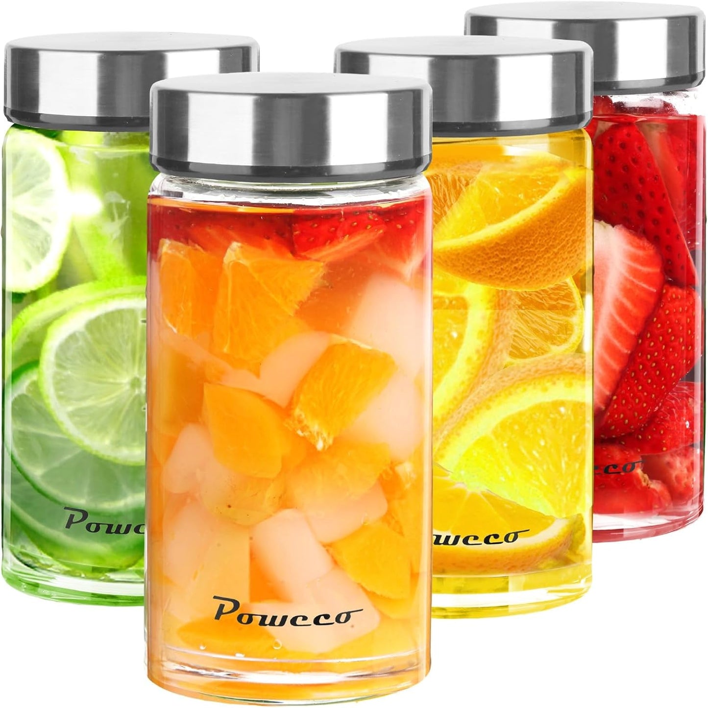 12oz Glass Juice & Water Bottles 4-Pack with Lids- Wide Mouth Reusable Borosilicate Glass- for Juici