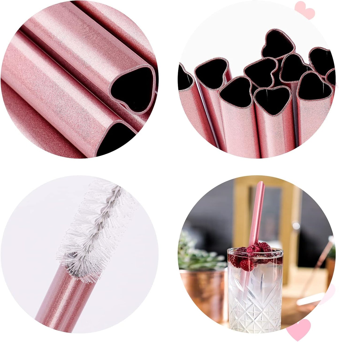 NiHome 8.5” Heart-Shaped Stainless Steel Straws Fit for Smoothie, Cocktails | 16-Pack Metal Straws with 2 Brushes for Holiday, Valentine’s Day, Reusable Drinking for Smoothie Milkshake (Pearl Pink)