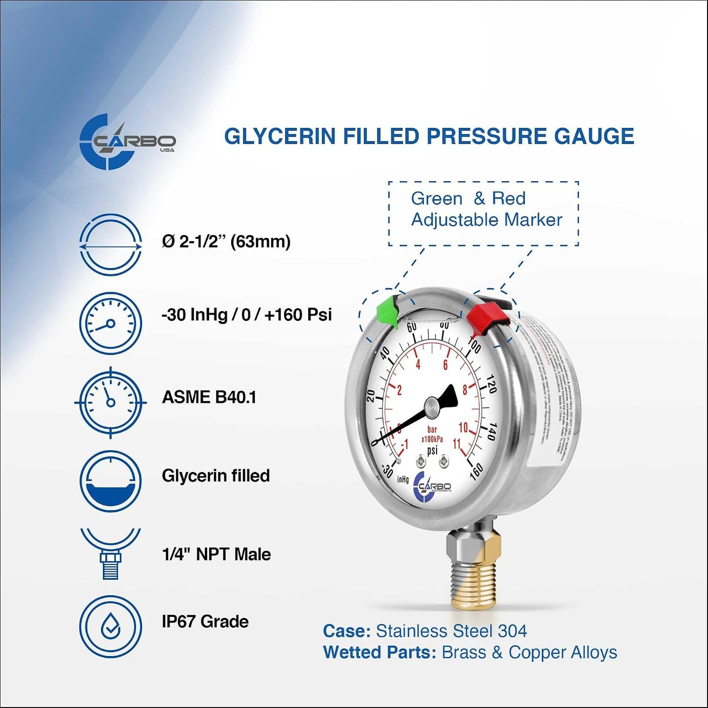 Compound Pressure Gauge -30 inHg to 160 PSI, Liquid Filled, 2.5" Dial, 1/4 NPT Lower Mount, 304 Stainless Steel Case, Brass Wetted Parts, Dual Scale PSI/inHg - ASME B40.1 Grade A