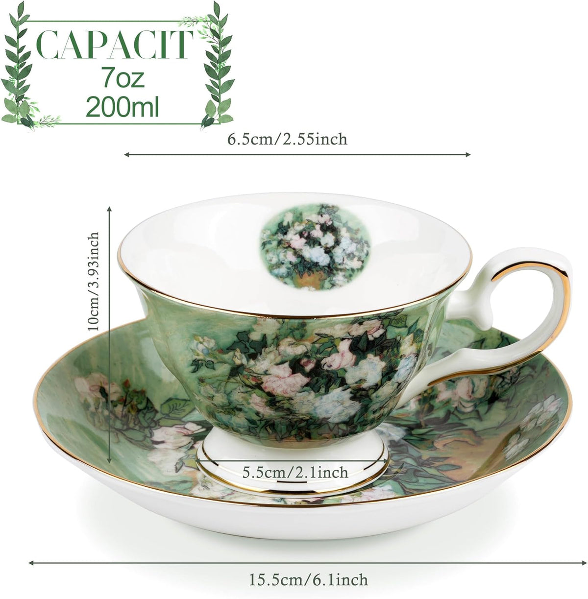 Floral Tea Cups Saucers Set of 2, Van Gogh Paintings Bone China 7 oz British Teacups Porcelain Tea Cups Coffee for Rose Teacups Cappuccino Espresso Latte (White Roses & Flowers Vase)