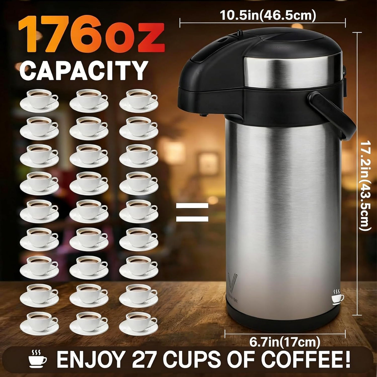 VONDIOR Airpot Coffee Dispenser with Pump - 169 Oz Insulated Stainless Steel Coffee Carafe - Thermal Beverage Dispenser - Coffee Urn for Hot/Cold Water, Party Chocolate Drinks