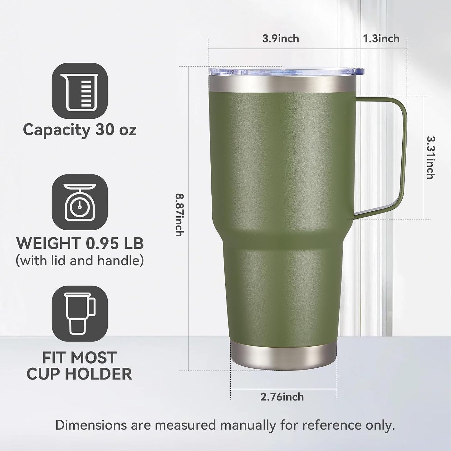 30 oz Stainless Steel Tumblers Bulk with Handle and Lid, 4 Pack | Powder Coated, Double Wall Vacuum Insulated, Leak Proof Lid, Keep Drinks Cold and Hot, for office, party, camping,Army Green