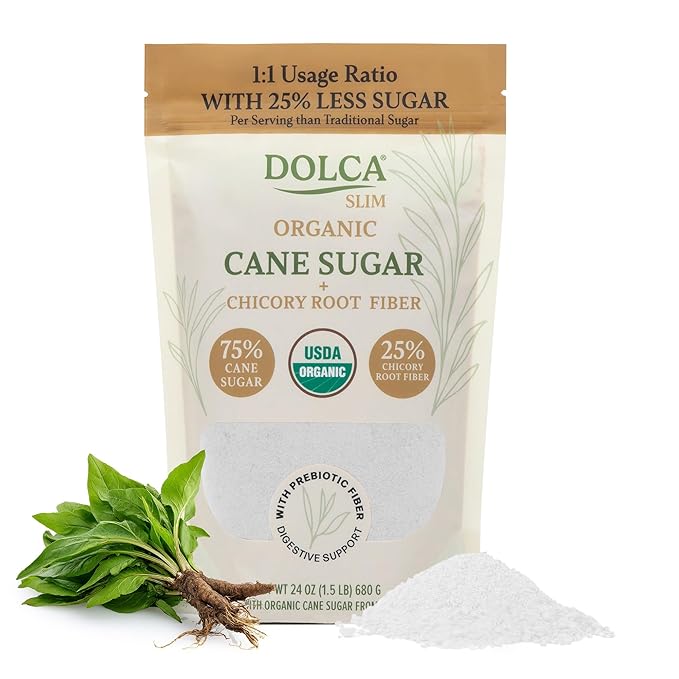 Organic Cane Sugar with Prebiotic Fiber – Dolca Slim – 25% Less Sugar, Same Taste & Texture – Sweetness for Coffee, Tea & Baking – Bakes, Browns & Measures 1:1 – No Artificial Sweeteners