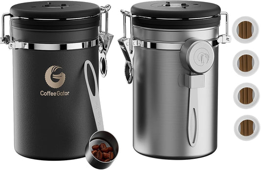 Coffee Gator Coffee Canister, 2pack 22oz Airtight Stainless Steel Kitchen Food Storage Container with Date Tracker, Scoop