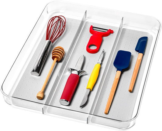 madesmart Utensil Tray - Large | Light Grey | Clear Soft Grip Collection | 3-compartment | Soft-grip Lining | Non-slip Feet