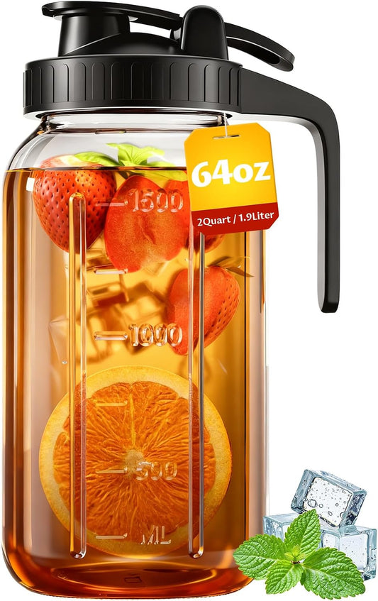 64oz Mason Jar Pitcher, Glass Pitcher with Lid for Tea &amp; Cold Brew | Mason Jar, BPA Free, Leakproof, Fridge/ Dishwasher safe, Ergonomic handle, Flip-cap pour spout, Wide mouth, Versatile