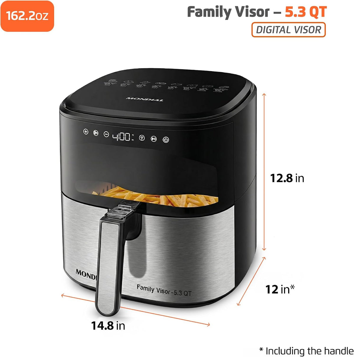 Air Fryer Digital Visor Inox 5.3QT Capacity - High Power & Elegant Stainless Steel Finish - Black & Inox
