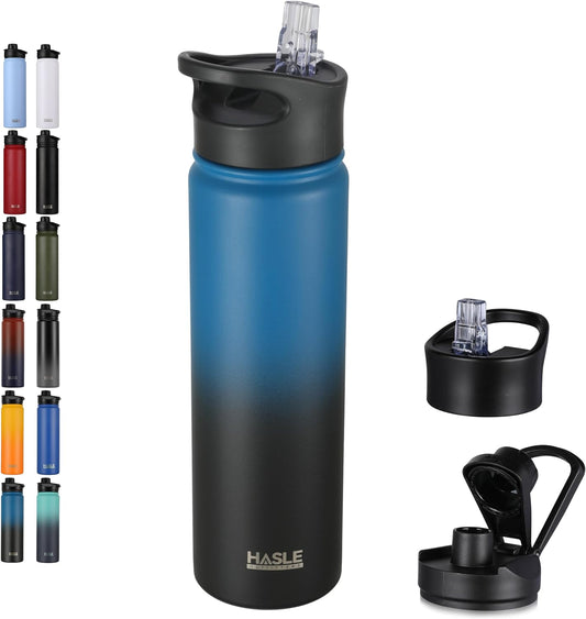 HASLE OUTFITTERS Insulated Water Bottle 22 oz Double Wall Stainless Steel Water Bottle Wide Mouth with Straw Lid & Spout Lid Keeps Cold or Hot(Blue Black Gradient,1)
