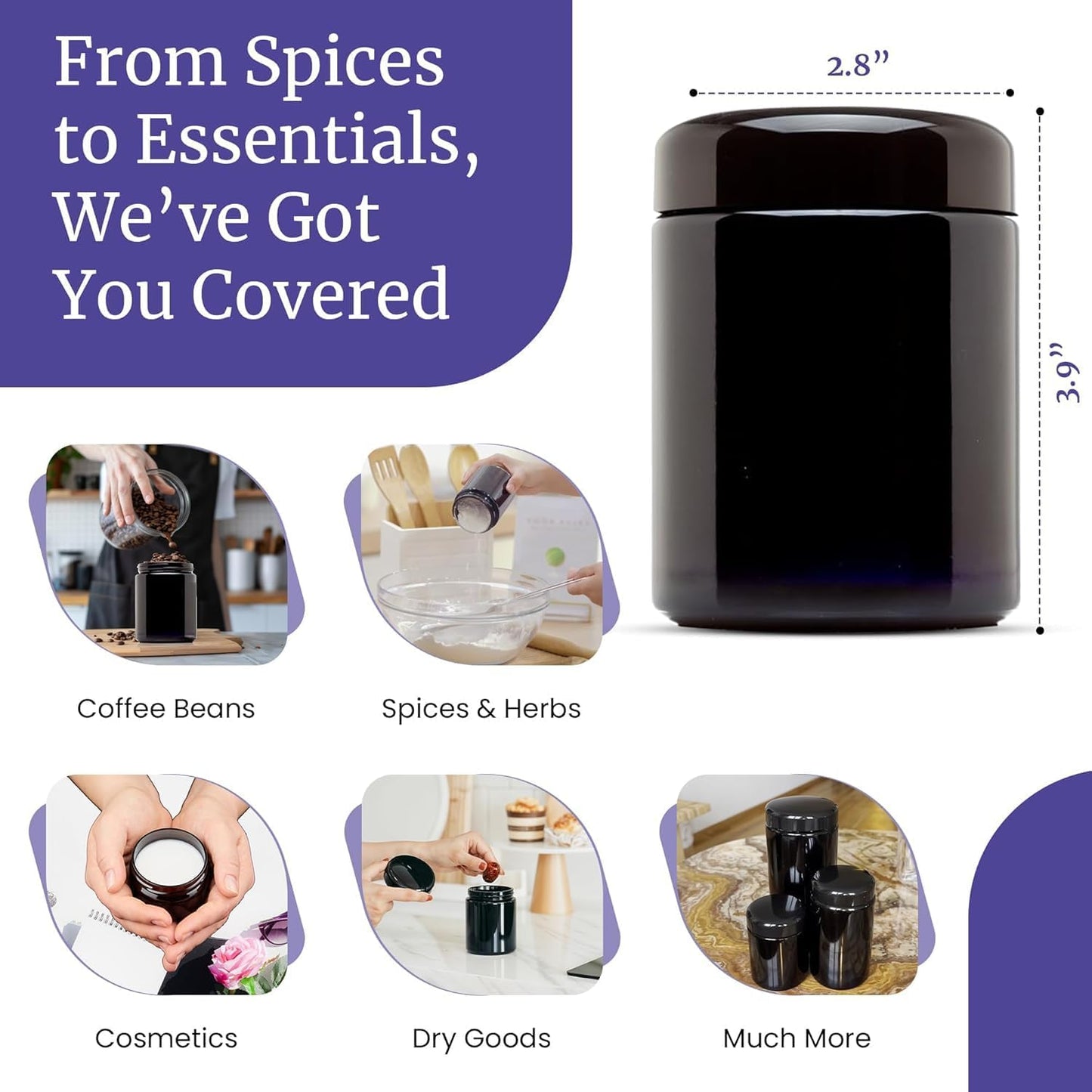 Infinity Jars 250 ml UV Glass Airtight Spice Jar Set, 6 Pack, Black