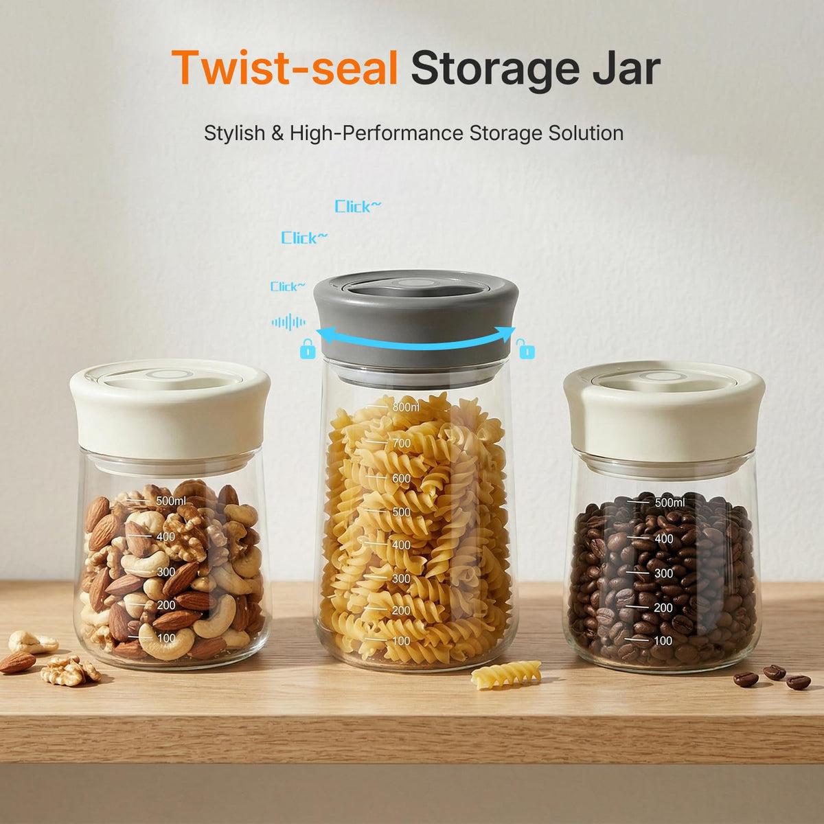 NUZEAK 2-Pack 27oz Glass Jar with Airtight Lid for Coffee Beans, Rotary Twist-Seal
