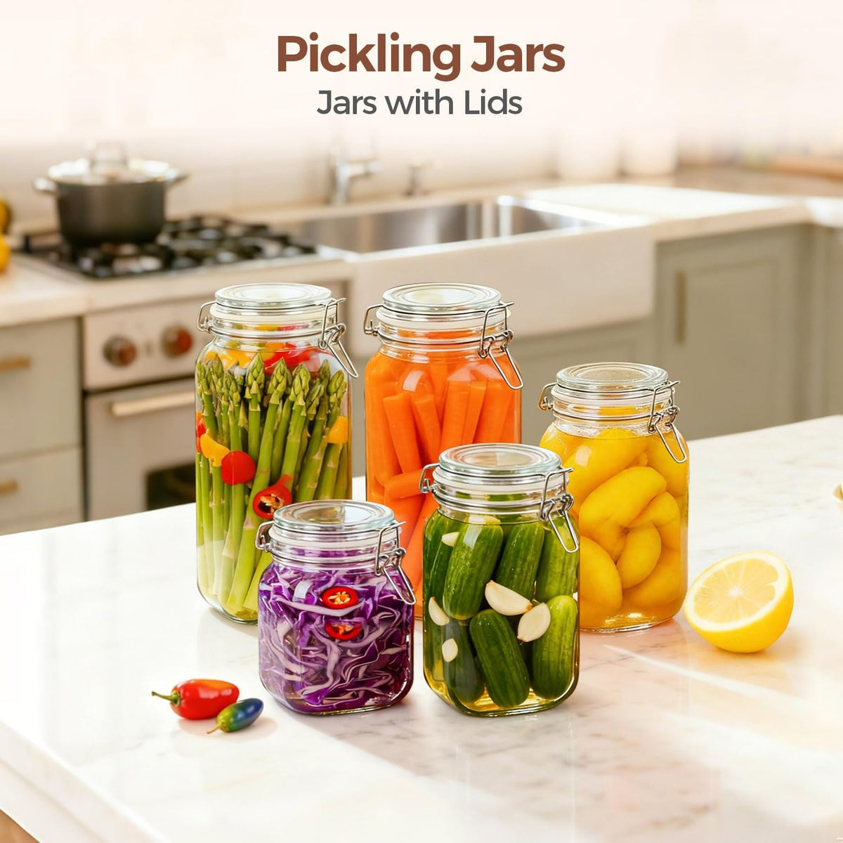 ComSaf Airtight Glass Jars with Lids 78oz Set of 3, Food Storage Canister Square - Storage Container with Clear Preserving Seal Wire Clip Fastening for Kitchen Canning Flour, Cereal, Pasta, Beans