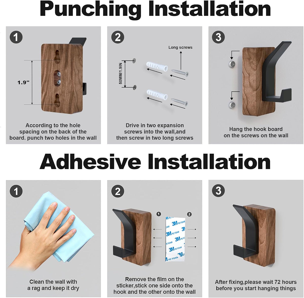 Coat Hooks Wall Mount: Walnut Wood Heavy Duty Wall Hooks, Double Hooks 4Pcs